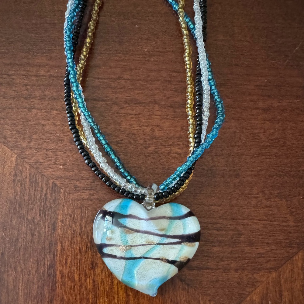 Glass Heart Multilayer Bohemian Blue, Black, Gold Color Beaded Strand Necklace